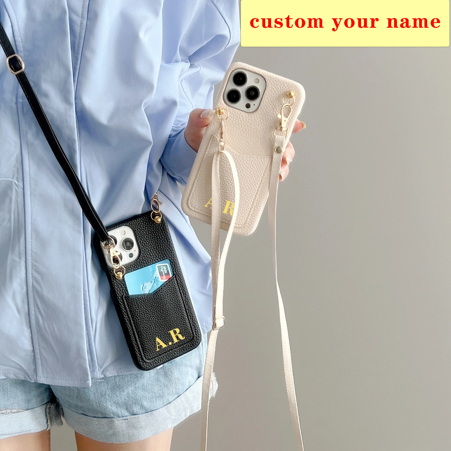 

Luxury Customizable Name Card Slot Wallet Cross Body Lanyard Phone Case For iPhone14 Plus 13 12 11 Pro X XS Max XR 7 8 Plus