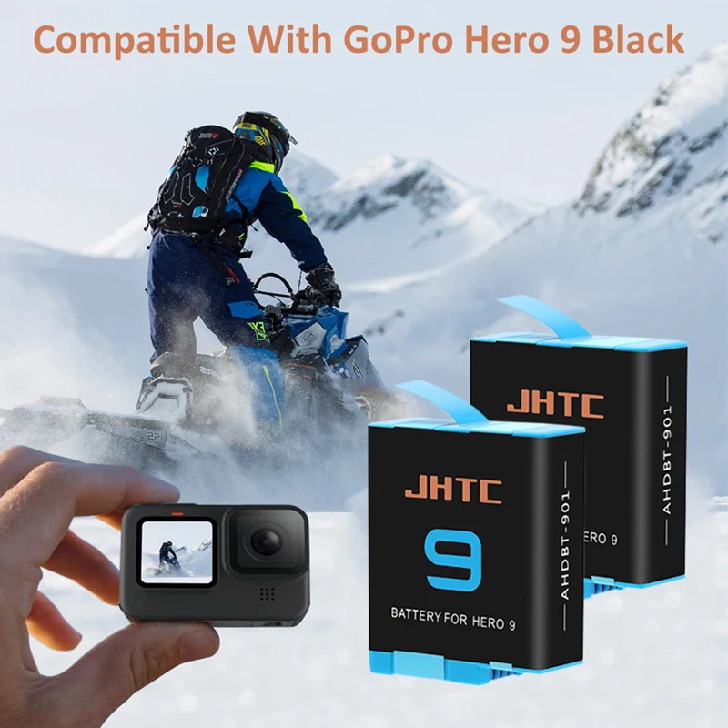Deux batteries de rechange pour GoPro Hero 12, 11, 10, 9 sur fond blanc, autonomie longue durée.