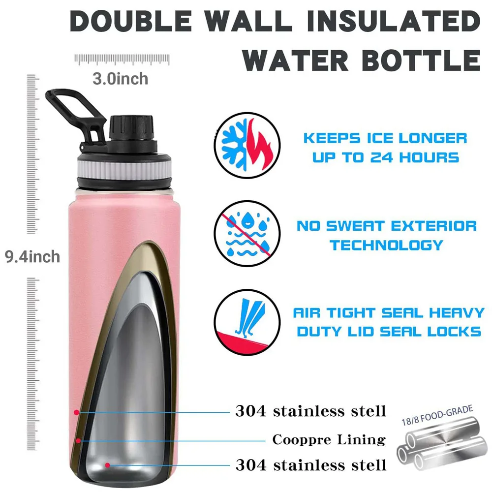 18oz Water Bottle,Vacuum Insulated Stainless Steel Water Flask with Straw  Lid Auto Spout Lid Sport Lid,Leak Proof,Double Walled Travel Drink  Mug,Metal