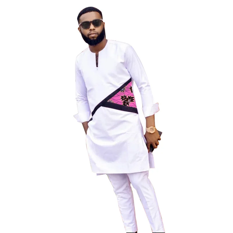 Modern Design Tops With Trousers White Men's Groom Suit Male Patchwork Shirt+Solid Pant African Wedding Party Outfits