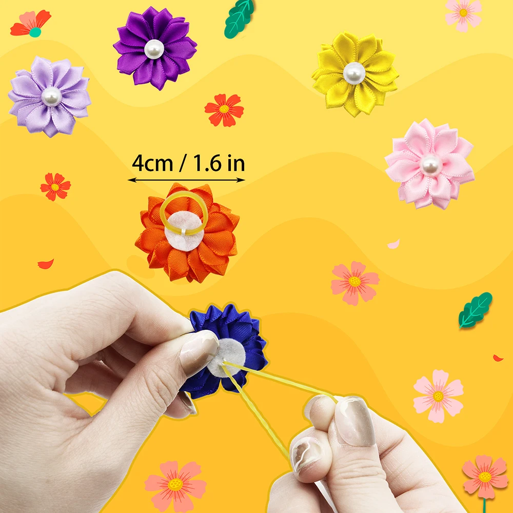 50/100/200 Pcs 꽃 고무 밴드 개 머리 활 진주와 고양이 헤어 액세서리 강아지 고양이 개 손질 머리 활 애완 동물 상투 활