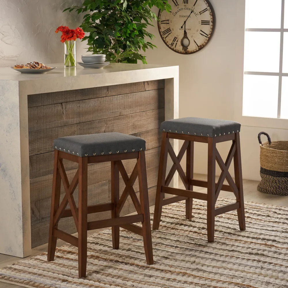 Inspired Gray Fabric - Topped Bar Stool Saddle Barstool with X - Shaped Wooden Frame, Measuring 29.60''×16.00''×19.75'' 1