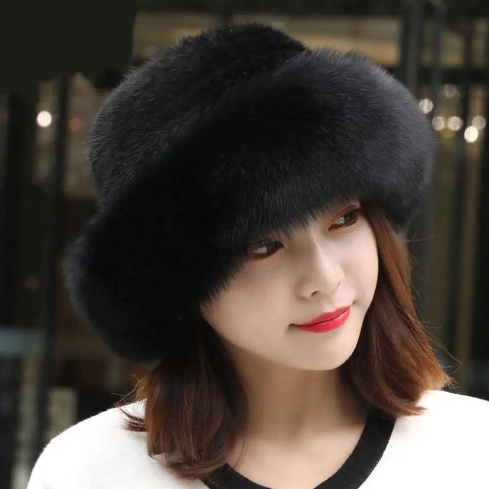 

Winter Plush Brim Warm Fisherman Cap Solid Soft Thickened Faux Mink Fur Basin Hat For Daily Life