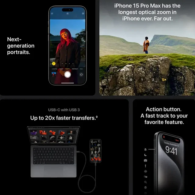 Apple-iPhone original 15 Pro, A3104, 6,1 ", 120Hz, Hexa-core, 1290x2796, 20W, IP68, Dual SIM, câmaras triplas, iOS17, NFC 3