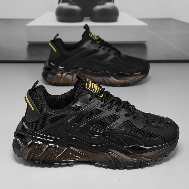 Men's Casual Sneakers, Stylish Black Sneakers with a Touch of Gold Embellishments, Lace-Up Sneakers with Air Cushioning, Comfortable Upper and Durable Sole, Suitable for Casual Wear, City Exploration Shoes | Fashionable Sneaker Design | Secure Fit Closure