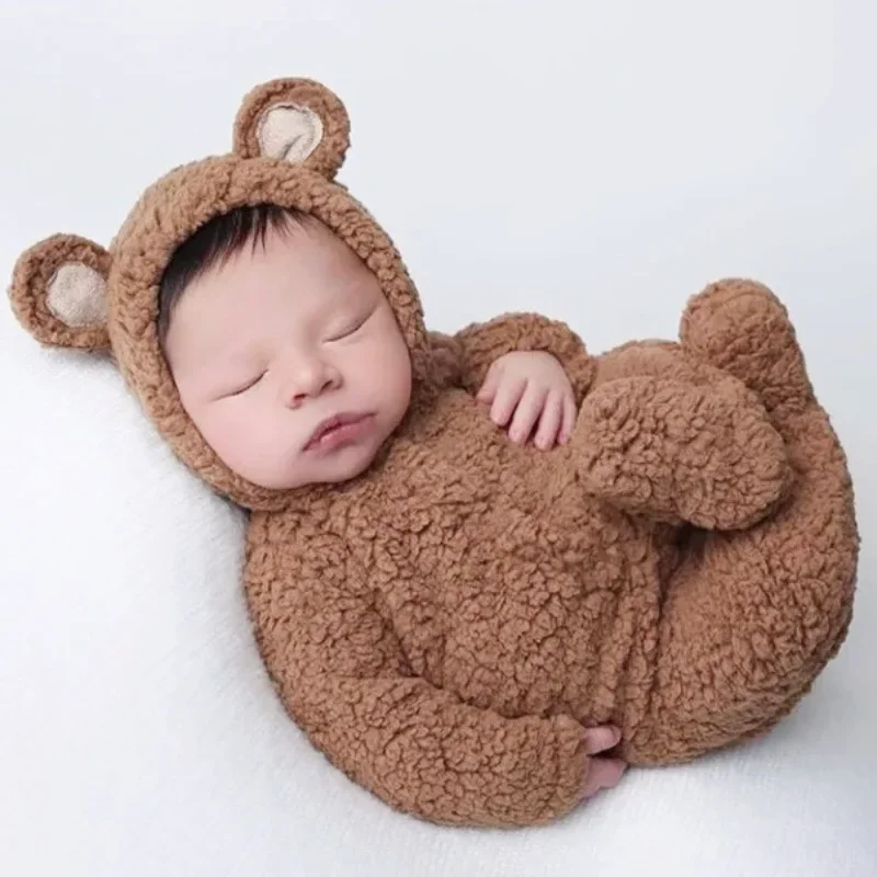 lace splicing jumpsuit shooting suit for newborn full moon growth souvenir photography props baby solid color clothing headwear Newborn Plush Teddy Jumpsuit Hat Take A Picture Suit Set Baby's Full Moon Growth Record Photography Props Cute Accessories