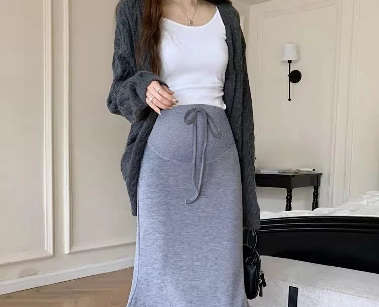 Korean Style Maternity Knitting Dress High Waist Drawstring Fashion Pregnant Woman Fishtail Skirt Slim Pregnancy Maxi Skirt 88cm