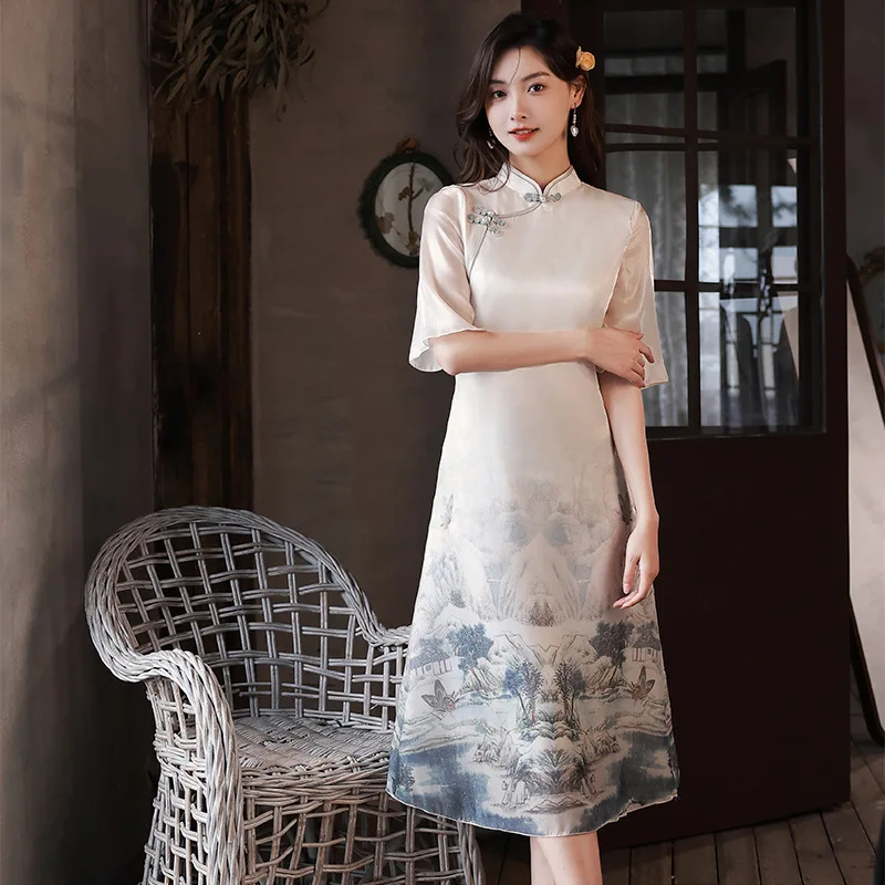 

Elegant Modern Short Sleeve Qipao Mandarin Collar Dress Chinese Traditional Women Apricot Print Cheongsam