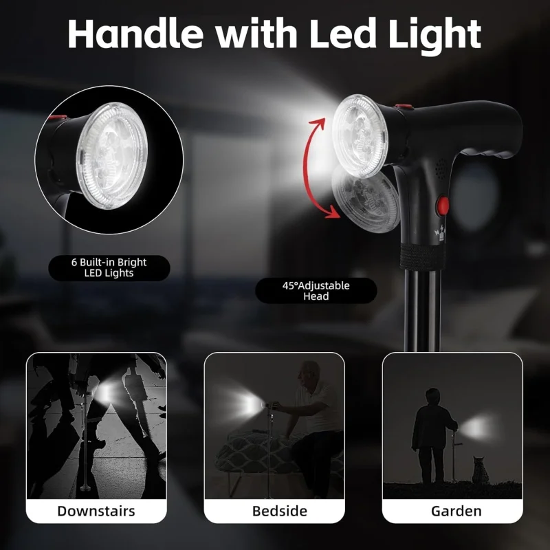 Folding Elderly Walking Stick With Buffered T Handle And Pivoting Quad Base Walking Stick Cane With LED Light And Alarm 3
