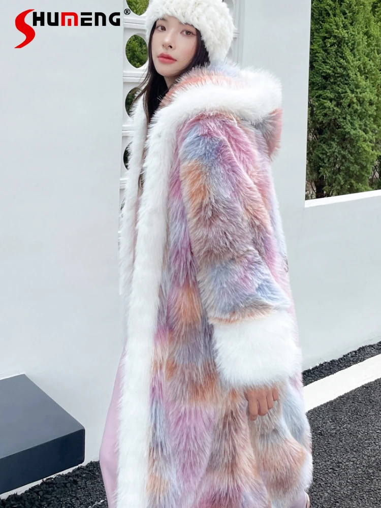 Woman Loose Dream Pink Long Faux Fur Coat 2023 Winter New Streetwear Women's Chinese Ancient Style Hooded Color Furry Jackets