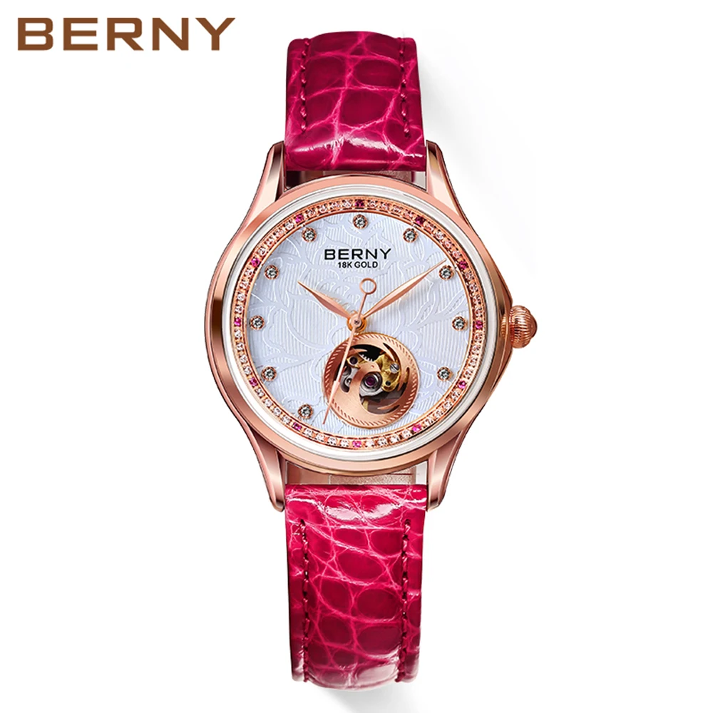 

BERNY Mechanical Watch Women Luxury 18K Gold Ladies Clock Automatic Self-Wind Sapphire Glass 72 Diamond 5ATM Skeleton Design