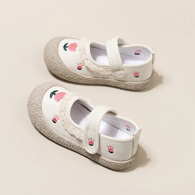 Girls Canvas Shoes Fashion Sweet Embroidery Toddlers Kids Casual Shoes Soft Soled Versatile Children Princess Shoes Ruffled Edge 3