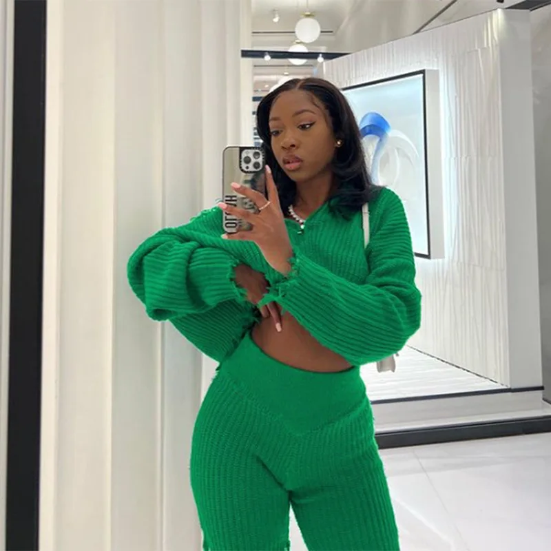 

Women Autumn Knitted Two Piece Set Y2K Outfits Winter Warm Long Sleeve Zipper Tassel Hooded Sweater Crop Top Bodycon Shorts Set