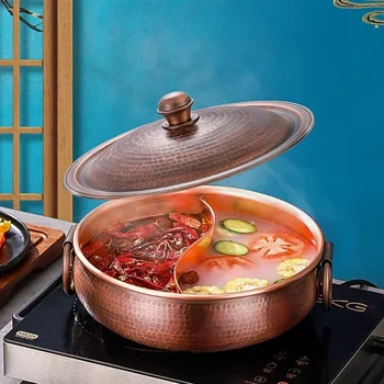 Vintage Style Pure Copper Hot Pot: Double Flavor, Large Soup & Stock Pots, Handcrafted, Universal Cooking Range, Stylish Design