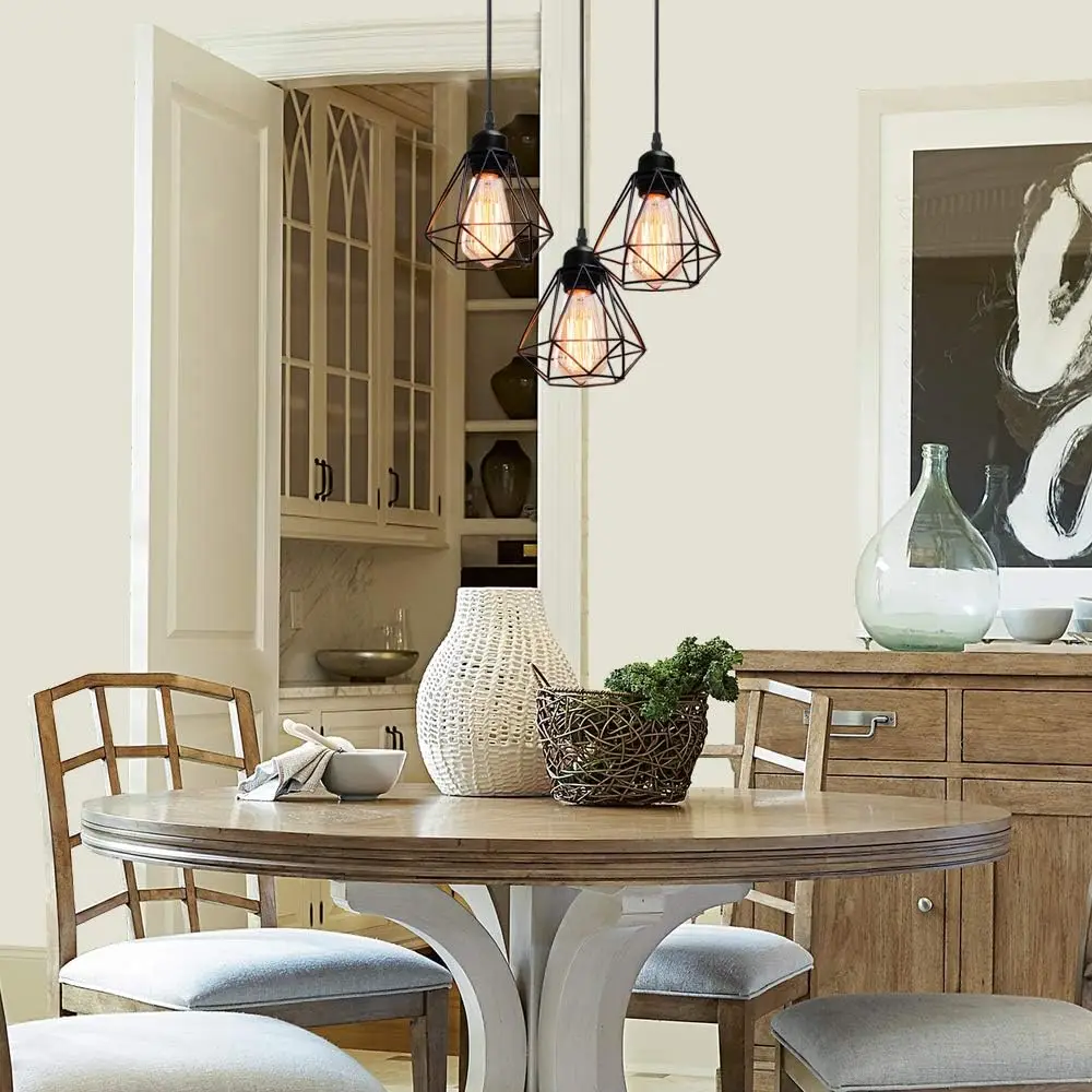 3 Light Diamond Cage Pendant Light, Black Metal Frame with Adjustable 1m Hanging Wire E27 Lamp Holder No Bulb, Industrial Hanging Lamp, Loft Ceiling Fixture, Vintage Kitchen Pendant Lighting, Kitchen Island Dining Room Bar Cafe Living Room Hallway