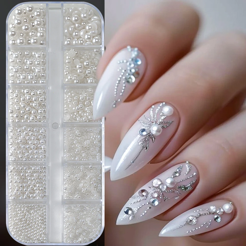 12 Grids Mixed White Pearl Nail Charms 3D Round/Semicircle Pearl Beads Nail Art Rhinestones Manicure Accessories DIY Parts Y7%6K 5