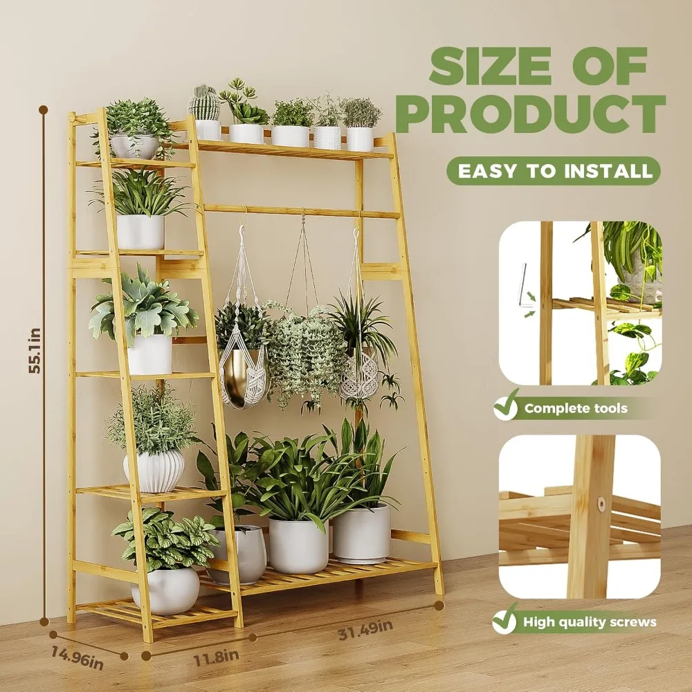 Bamworld Hanging Plant Stand Indoor, Bamboo Large Plant Shelf for Multiple Plants, Tall Ladder Coat Flower Rack for Window
