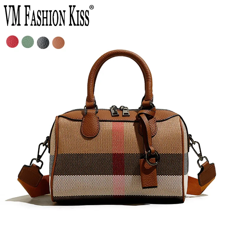

VM FASHION KISS Women Pillow Handbag Striped Canvas + Genuine Leather Classic Shoulder Bag Messenger Top Handle Bag Versatile