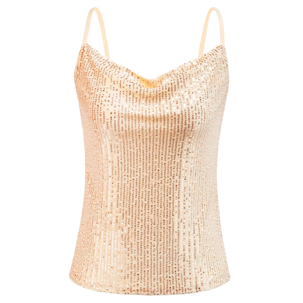 

GK Women Sexy Spaghetti Straps Camisole Party Club Sleeveless Tops Female Sparkling Sequins Cowl Neck Cami Cocktail Club Tank