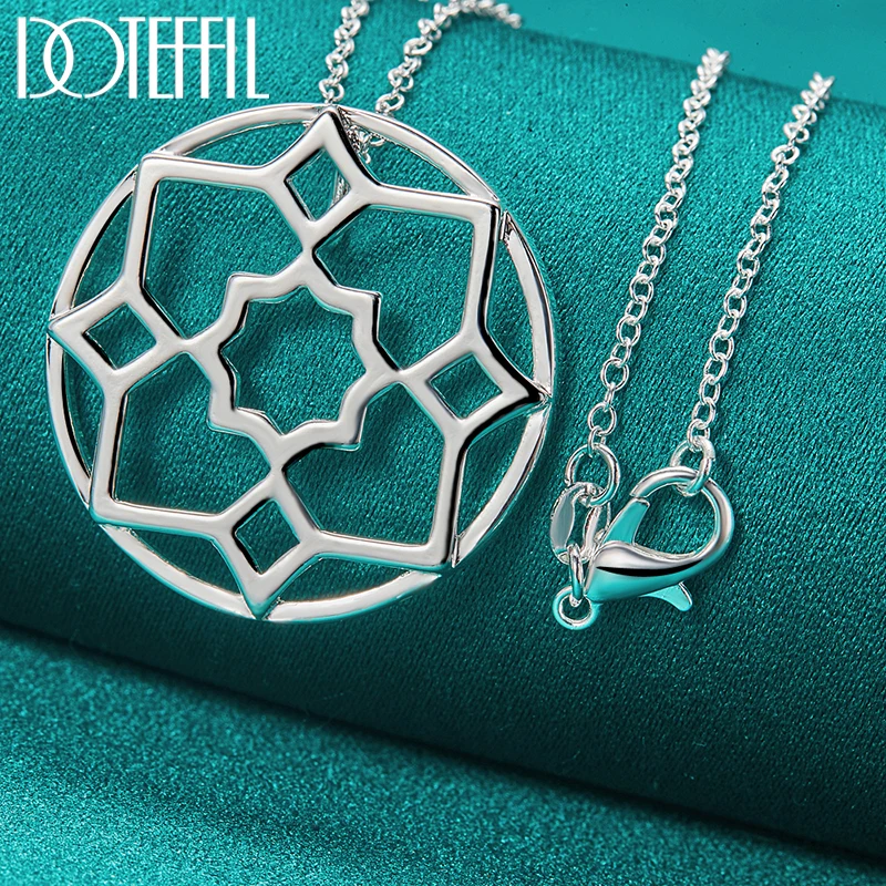 DOTEFFIL 2pcs 925 Sterling Silver Round Flower Pendant Necklace Earring Set for Woman Man