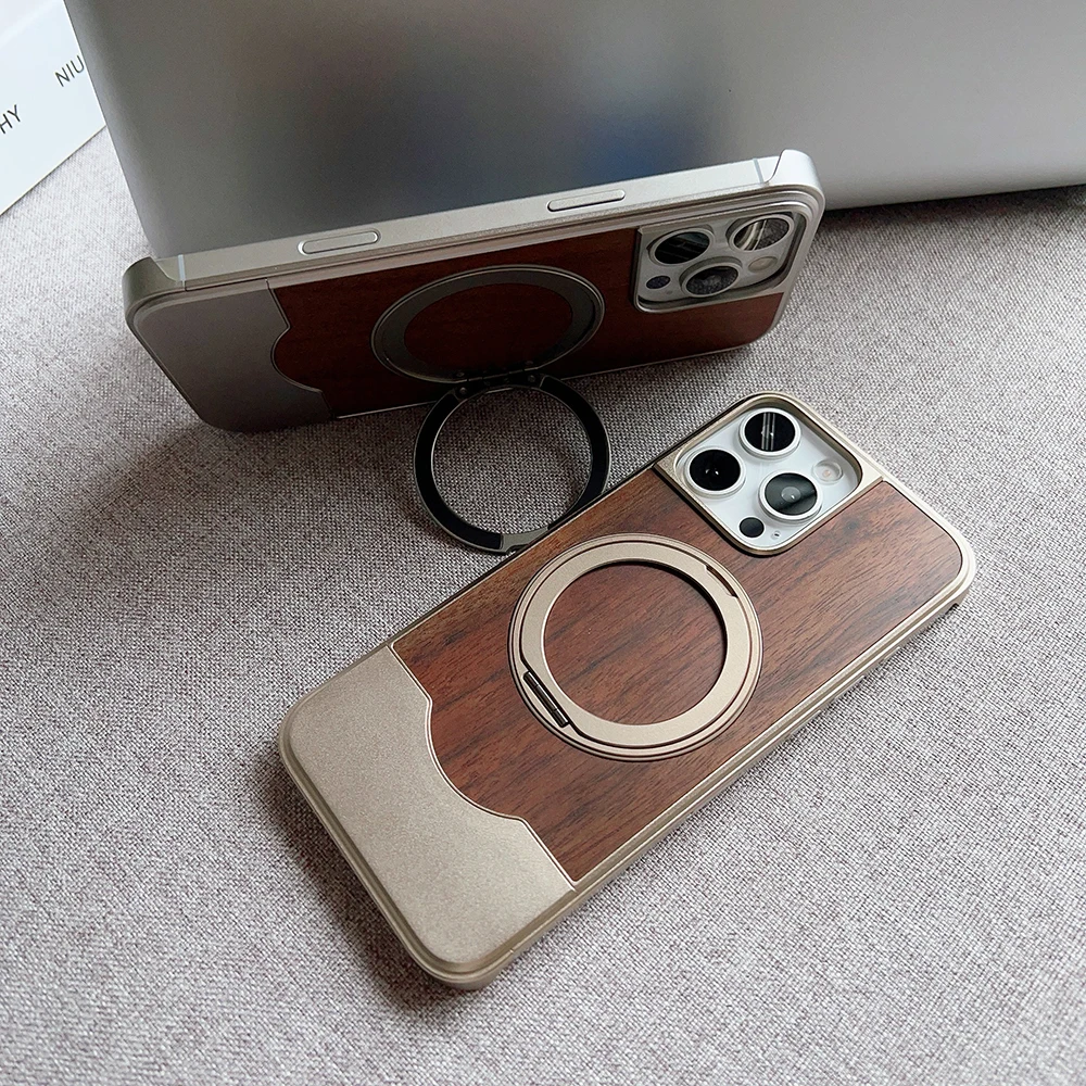 Alloy Wood Hybrid Phone Case with 360° Rotating Metal Stand and Magnetic Matte Finish
