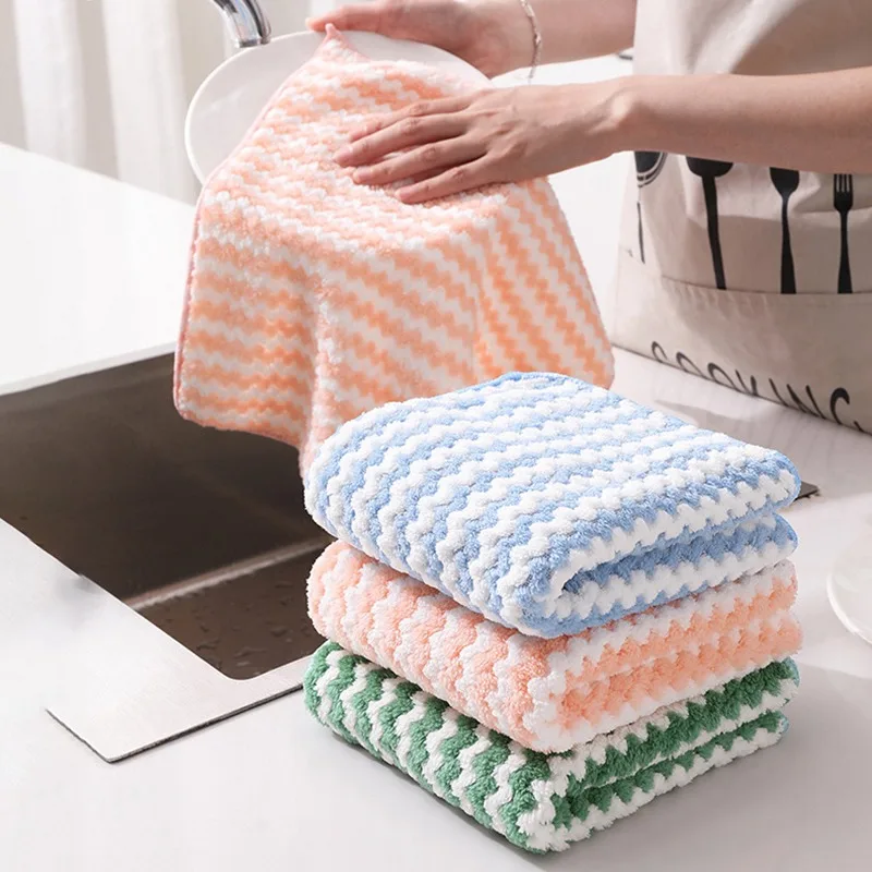 Description Picture 6 of itemCoral Fleece Hangable Thicken Towel Bow Towel Cute Stripe Absorbent Hand Towels Cleaning Cloth 1pc Rag Handkerchief 30/25cm