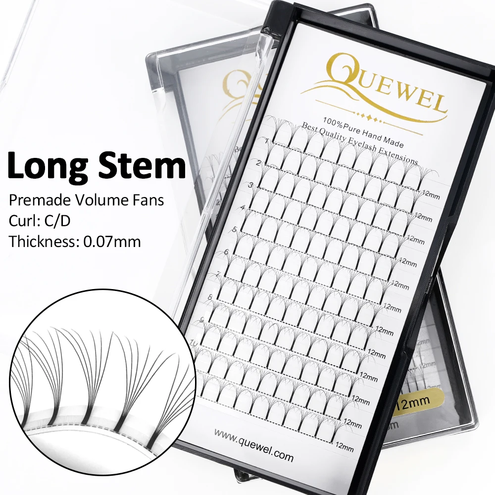 Quewel Pre-made Volume Lash Long Stem Fans 3D 4D 5D 6D Premade Russian Volume Eyelash Extensions Faux Mink Eyelashes Supplies