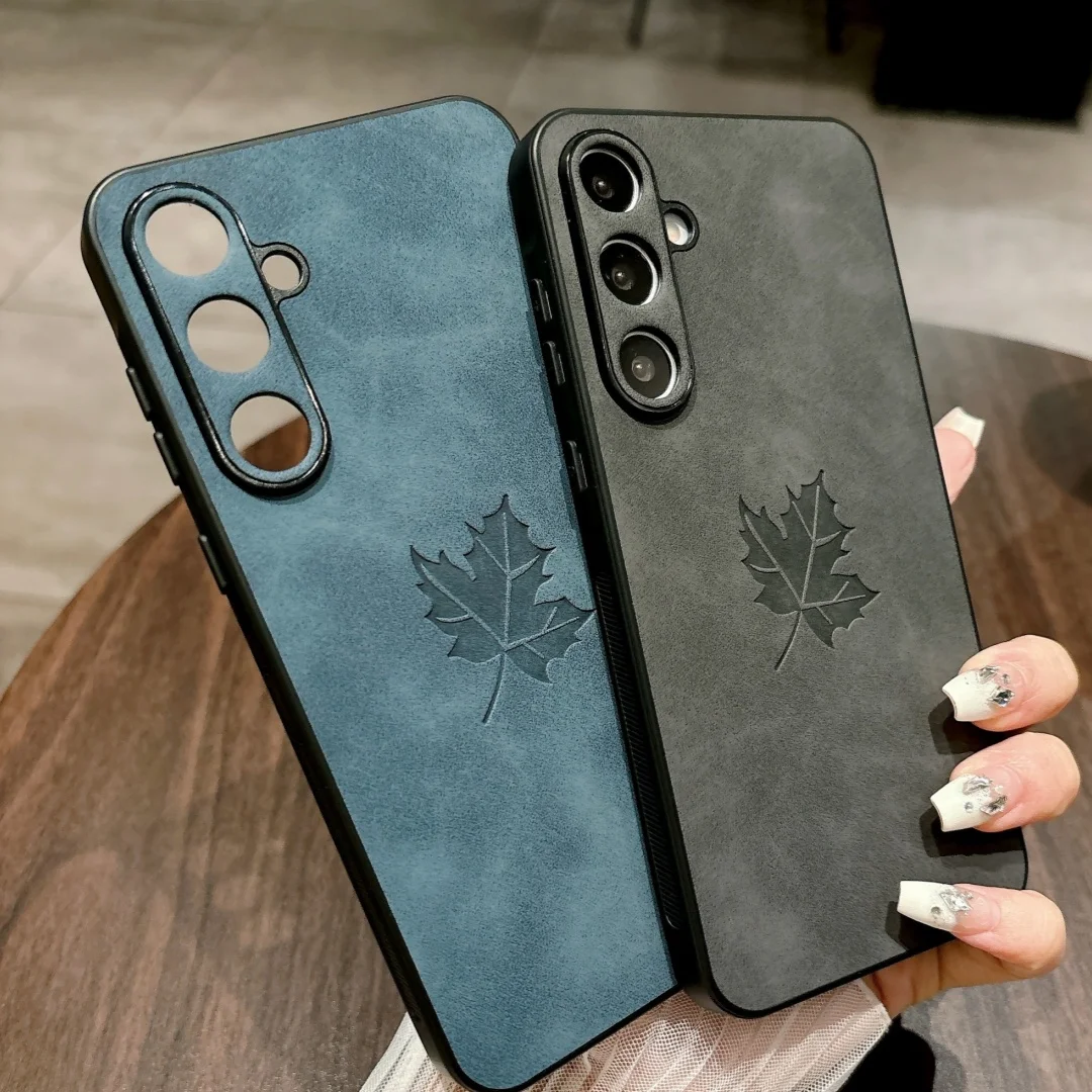 Retro Maple Leaf Pattern PU Leather Phone Case with Silicone Cover