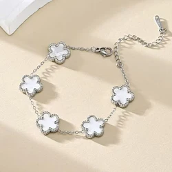 Gold Plated Adjustable Stainless Steel Clover Flower Bracelet - Women's Fashion Jewelry - 16.5cm (White - silver - bracel)