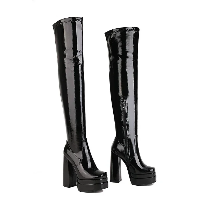 

2024 Women Over The Knee Boots Platform Thick High Heel Ladies Thigh Boots Patent PU Leather Square Toe Zipper Dress Women Boots