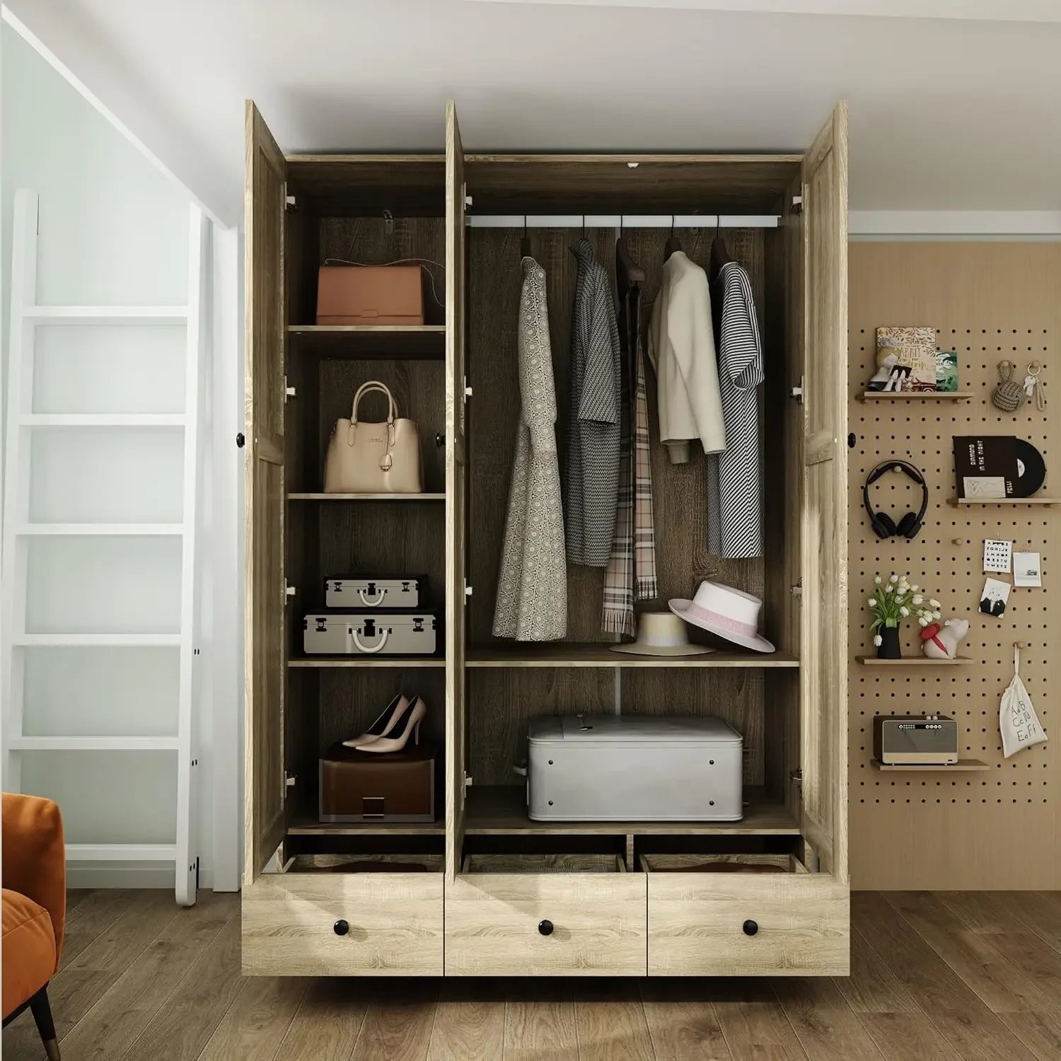 NEW-Ratten Wardrobe Armoire Closet,3 Door Rattan Closet Wardrobe Cabinet with 3 Drawers&Hanging Rod,Storage Wardrobe Armoire Dre