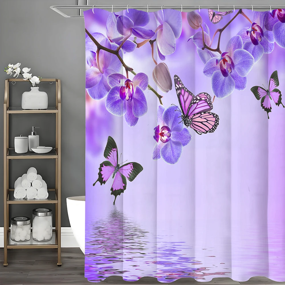 Cortina de ducha de lago, mariposa púrpura, flor de orquídeas, mariposa,  cortina de ducha decorativa para baño, cortina de ducha impermeable con -  AliExpress, image size:1000x1000