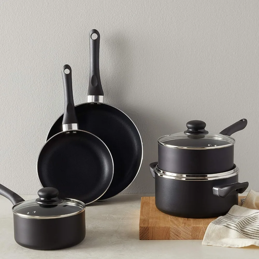 Basics 8-Piece Non Stick Cooking Pot Set, Pots and Pans, Black