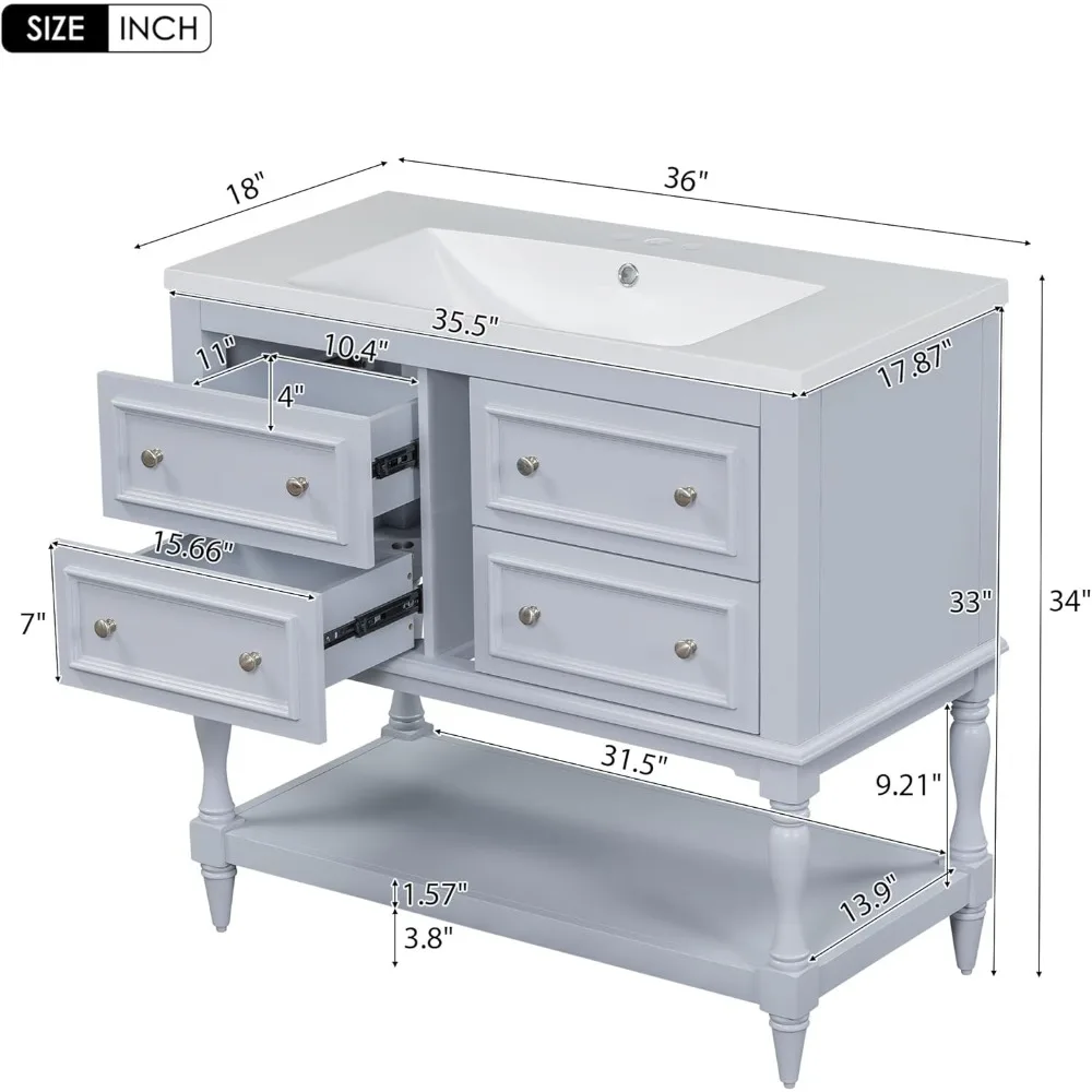 36" Bathroom Vanity with Sink, Farmhouse Bathroom Vanity Storage Cabinet with 4 Drawers and Open Shelf, Solid Wood Frame 3