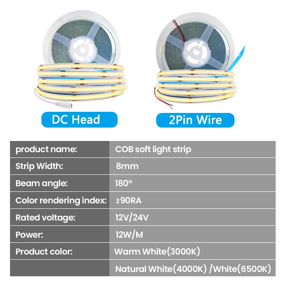 8MM 12V COB LED 스트립 라이트 320LEDs/m 고휘도 FOB LED 테이프 0.5m 5m 10m 플렉시블 리본 3000K 4000K 6000K 실내 장