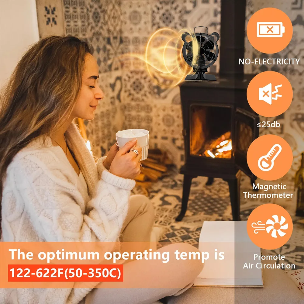 Blade Stove Fan Heat Powered Log Wood Burner Fireplace Fan Protective Cover Woodstove Heater Efficient Heat Distribution