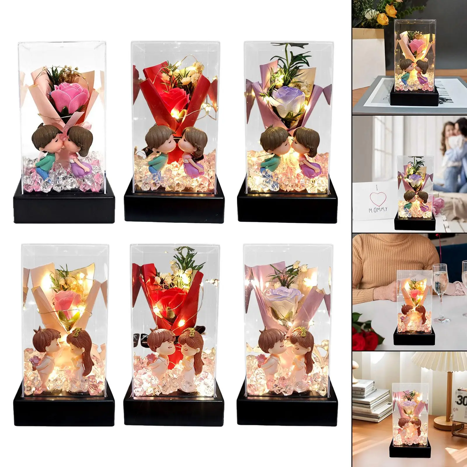 Romantic Artificial Flower Bouquet Acrylic Dome Preserved Rose Gift Box for Wedding Valentine’s Day Anniversary Decoration