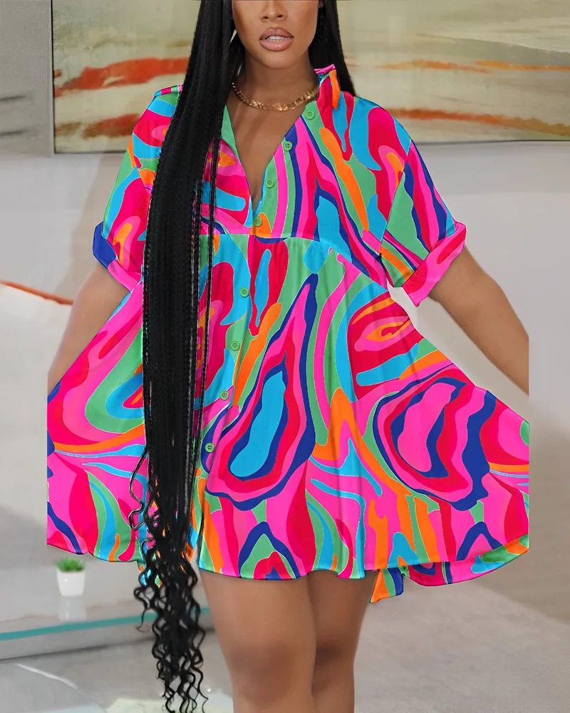 

Women Multi-Color Abstract Print Ruffles Shirt High Waist Button Notched Short Sleeve V Neck Mini Dress Tie Dye Summer