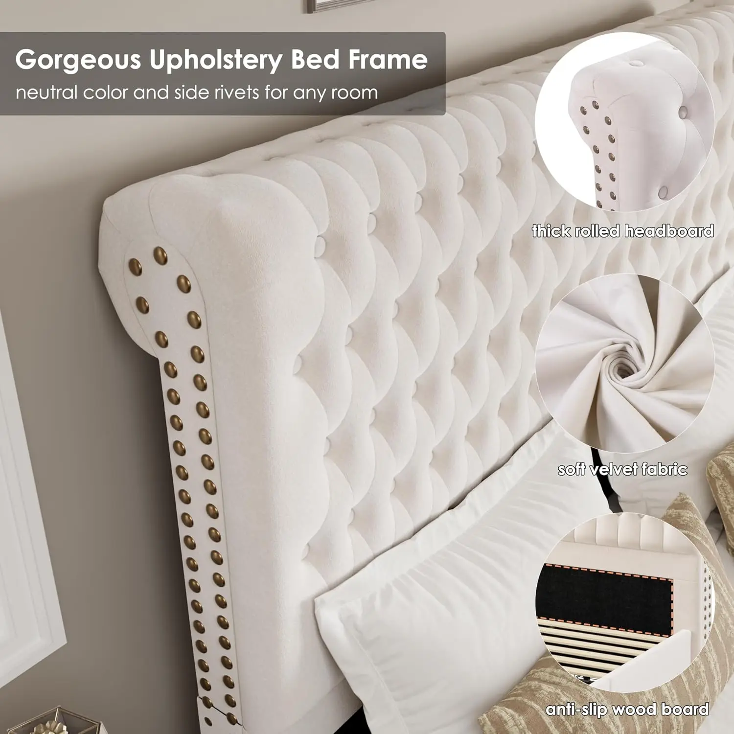 Queen Size Bed Frame 54" Tall Headboard with Gorgeous Button Tufted and Nail, Velvet Fabric Upholstered Bed Frame includes
