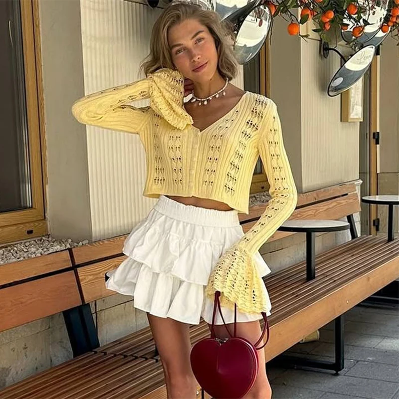 Trendix Summer Knit Long Sleeve Cardigan For Women V Neck Solid Bodycon Hollow Out Short Tops Party Club Slim Vacation Top Femme