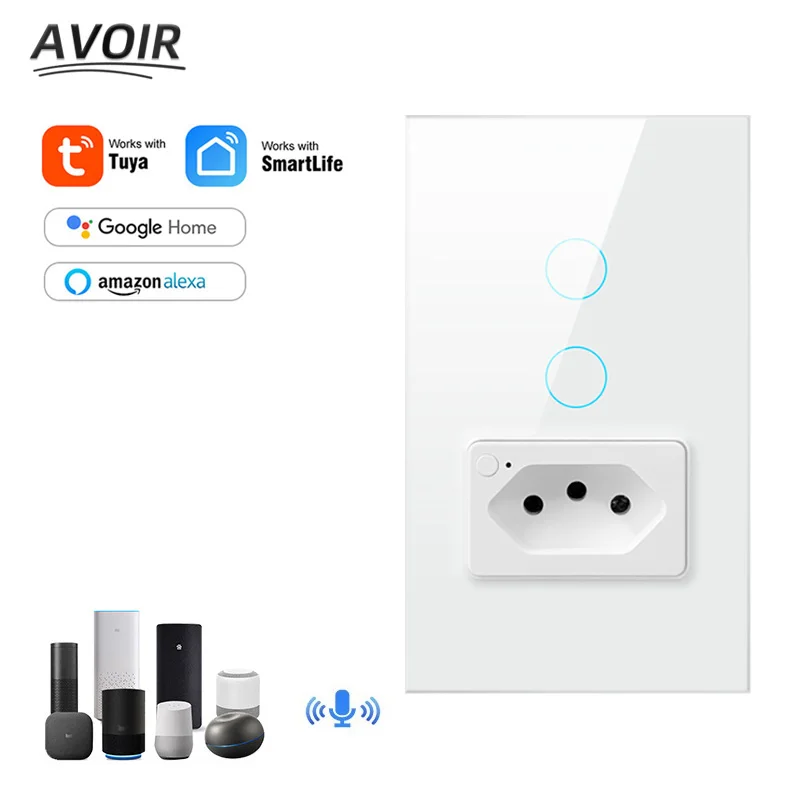

Avoir Tuya Touch Light Switch White Smart Wall Switch With Brazil Standard Power Socket Voice Control Support Alexa Google Home