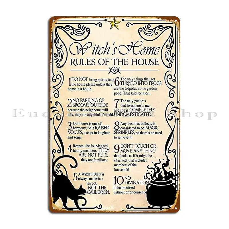 Настенный плакат ведьмы S Home Rules Of The House, металлический плакат, украшение, таблички, пещера, искусственный герой, жестяной плакат