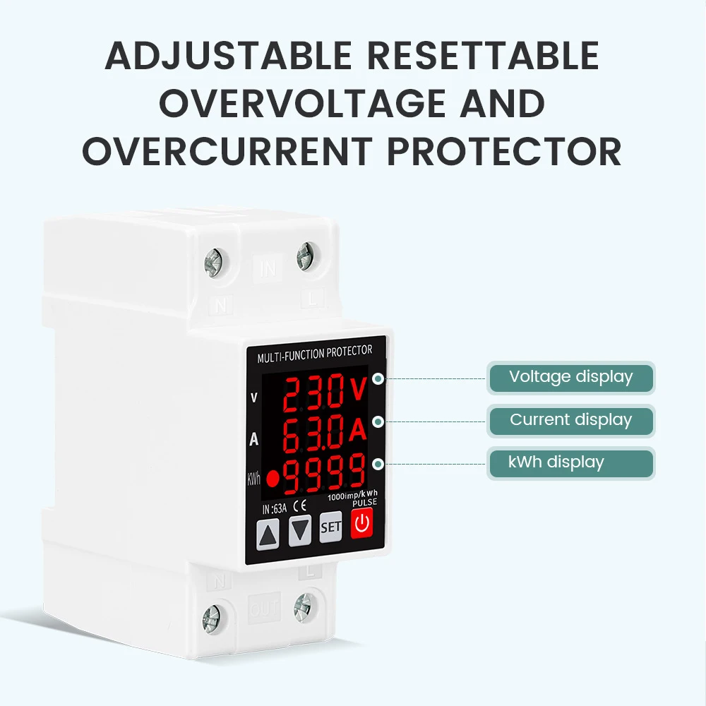 

63A 230V Digital Display Adjustable Over Voltage Current and Under Voltage Protective Device Protector Relay Din Rail Install