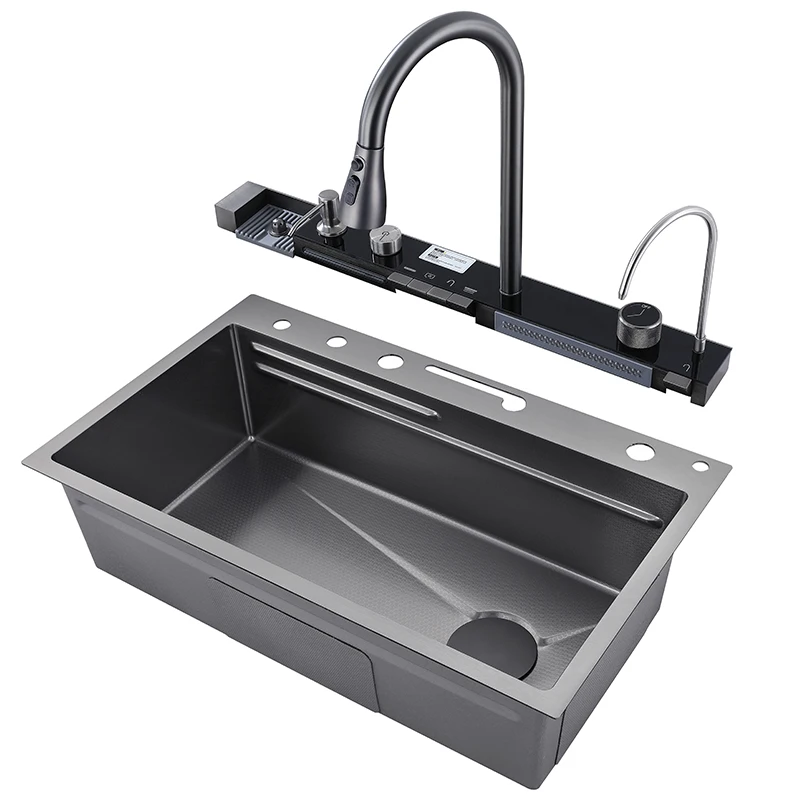 

Whale Rainwater Stainless Steel Sink Kitchen Single Slot Multifunction Anti-Scratch LED Digital Display Waterfall Kitchen Sink W
