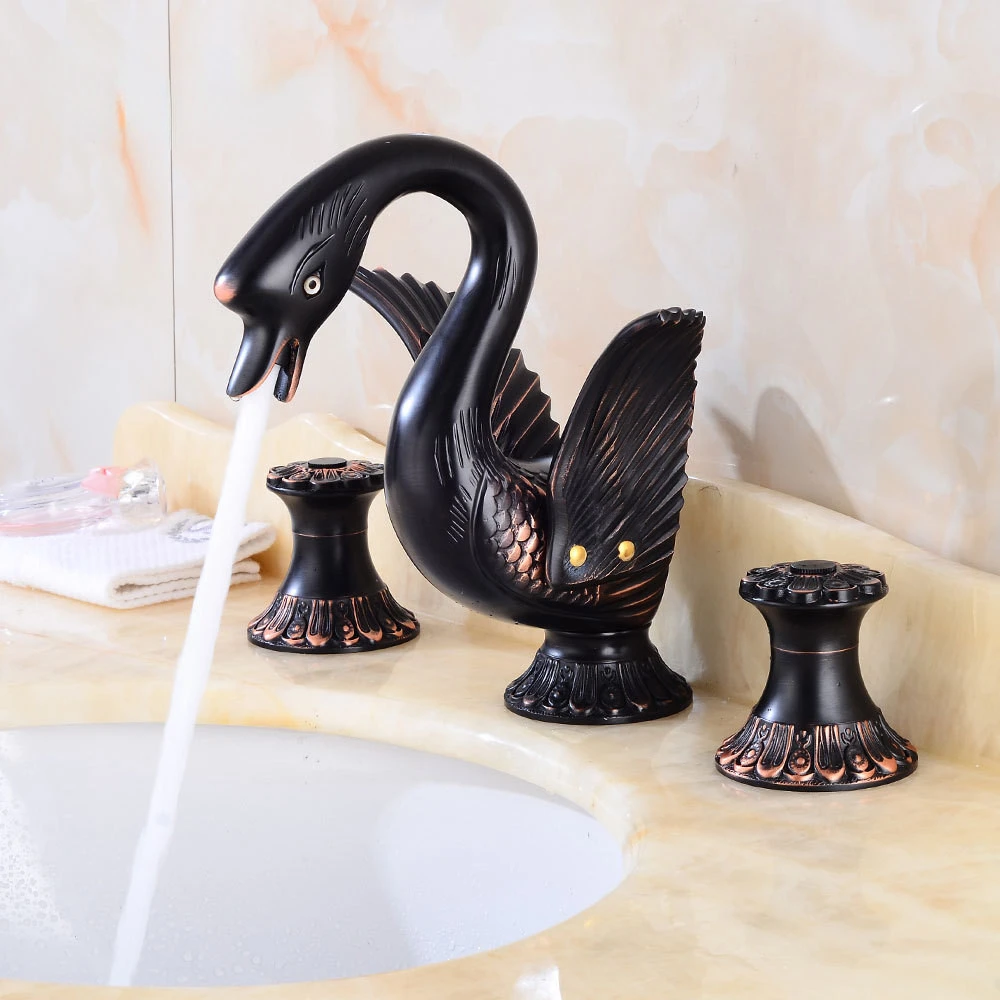 

New Arrivals Deck-mounted Widespread Golden/Black Oil 3 Pcs Bathroom Swan Basin Faucet Lavatory Basin Sink Mixer Luxury Style