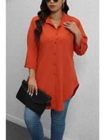 Plus Size 1XL-5XL Fashion Women‘s   Turn-Down Collar Blouse Ladies Button-Up Casual Chic Solid Color Roll-Up Sleeves Top Shirt - Image 2
