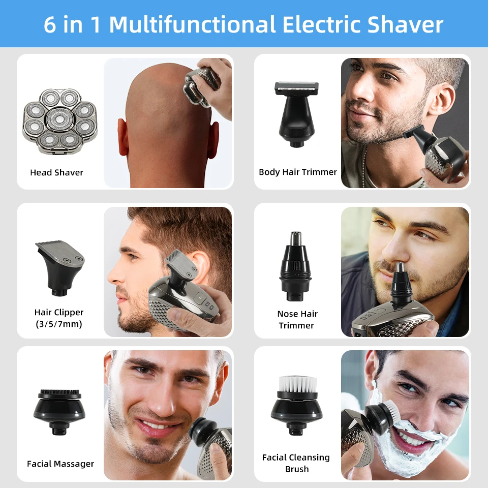 Men Grooming Kit 9 Cutter Floating Head Electric Razor Multifunction Shavers USB Rechargeable Wet/Dry 6 In 1 Bald Head Shavers electric shaver
