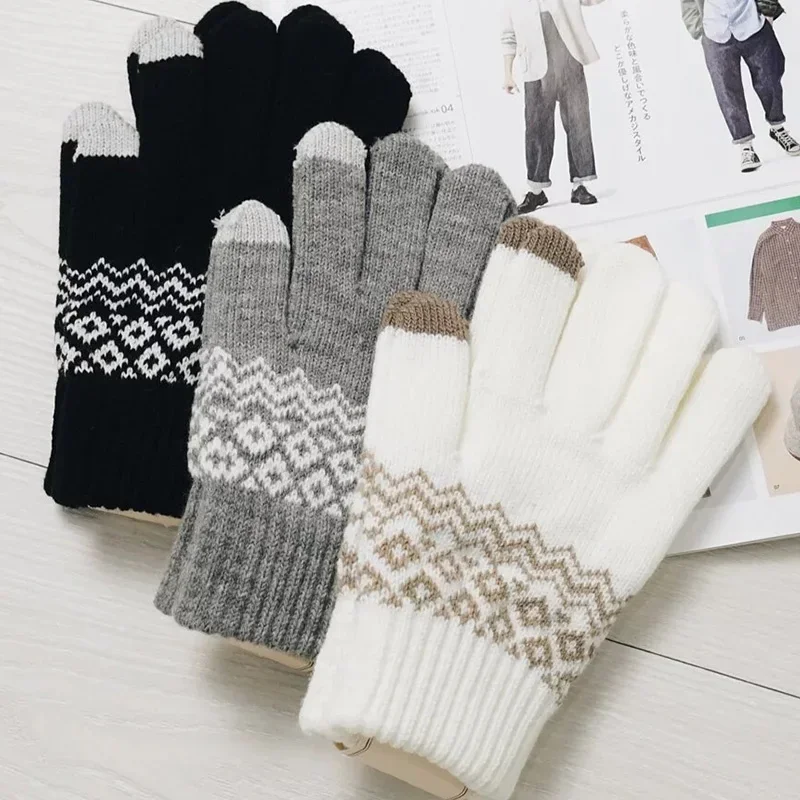 Women Men Wool Knitted Winter TouchScreen Warm Stretch Full Finger Gloves Imitation Wool Mittens