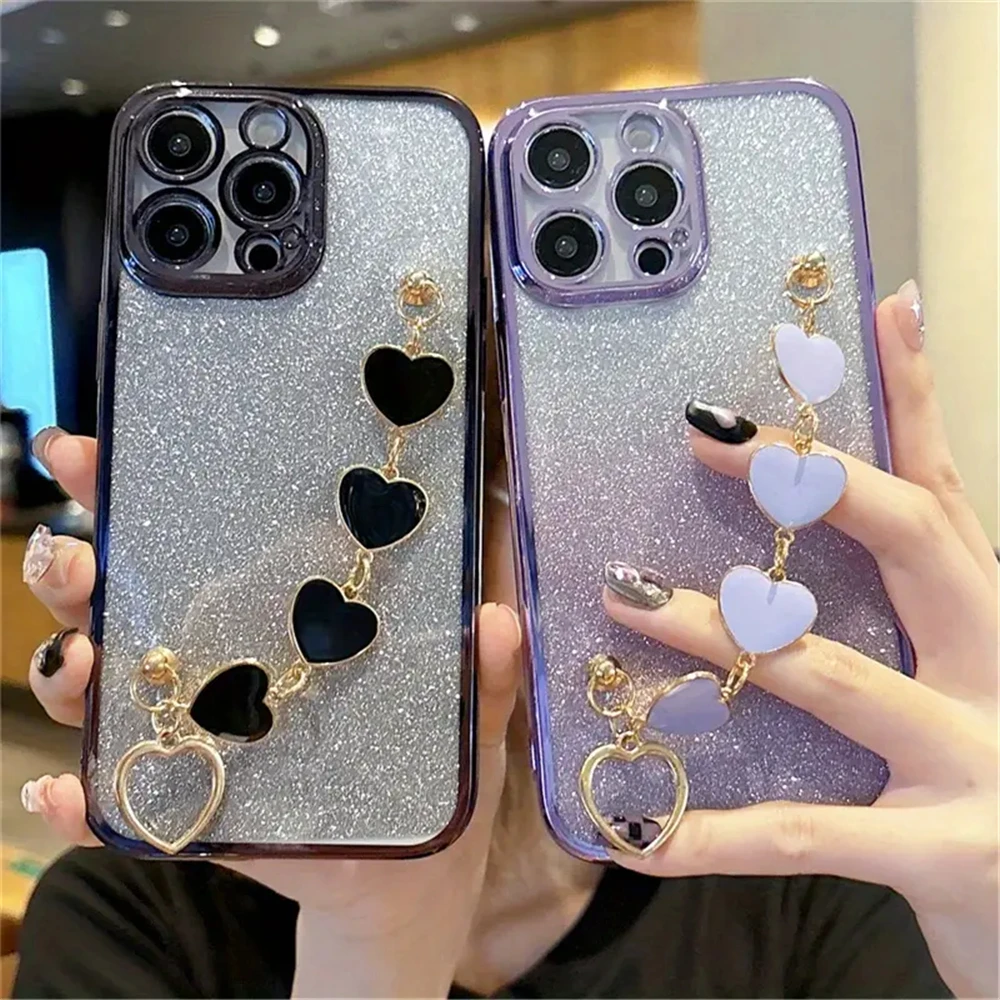 Luxury Glitter Love Heart Chain Bracelet Phone Case Cover