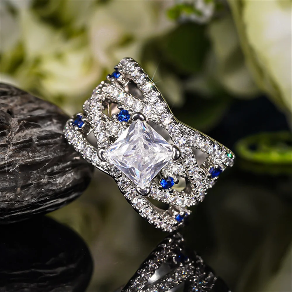Female White Blue Zircon Stone Ring Vintage Silver Color Wedding Jewelry For Women